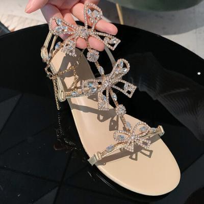 China Bling Flat Luxury Diamonds Summer Sandals Ankle Strap Rhinestones Women Shoes Genuine Leather Flat Shoes for sale