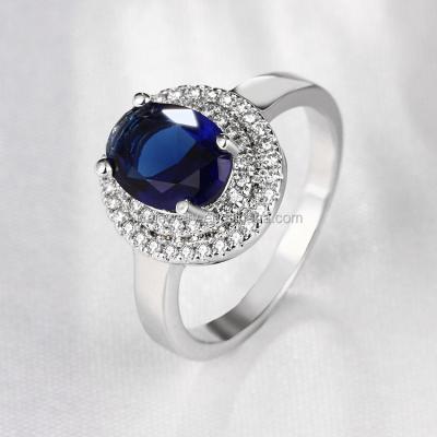 China Nickel and Sapphire and Diamond Stone Double Halo Engagement Oval Lead Free Ring In 925 Sterling Silver for sale