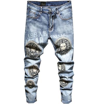 China Slim Blue Color Printed Pants Lion Letter Long Jeans Pants Men's Casual Long Jeans Waterproof Fashion Print Leisure Jeans Wholesale for sale