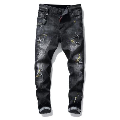 China Patchwork Paint Splatter Viable Jeans, Embroidery Men Slim Jeans Letter Moto Biker Jeans Black Hole Pants for sale