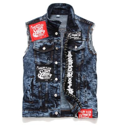 China New fashionable men's denim vest waterproof vest men's washed embroidery paint denim clothes men's for sale