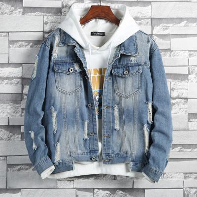 China Waterproof Mens Denim Jacket Solid Color Breasted Ripped Casual Jeans Jacket for sale