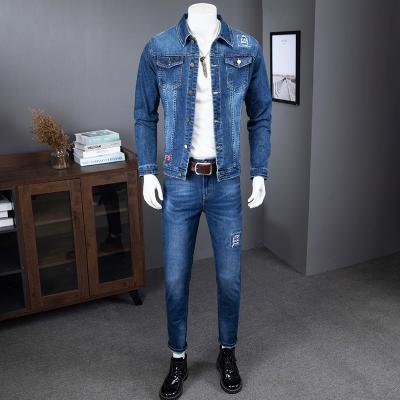 China Fashion Embroidery Waterproof Jeans Suits Custom Made Slim 2 Piece Denim Jacket And Jean Suits Set For Men for sale