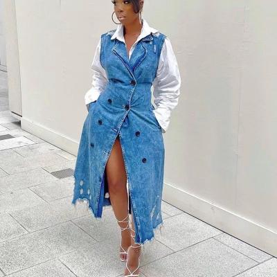 China Hooded Jean Waistcoat Long Cowboy Coat Women Cotton Breathable Denim Vest Sleeveless Jacket, Belted Denim Midi Dress for sale