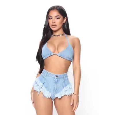 China Women's breathable denim bikini set with abbreviations and jeans bra beach play and bar nightclub performance, popular hollow mesh lace set for sale