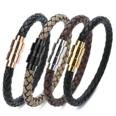 China Punk Magnetic Buckle Mens Braided Bracelets Stainless Steel Jewelry Genuine Leather Bracelet For Men for sale