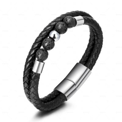 China Punk Lava Stone Natural Stone Leather Stainless Steel Magnetic Clasp Bracelet for sale