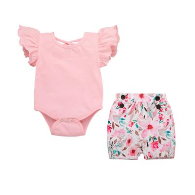 China Wholesale Washable Baby Clothing Set Fashion Kids Clothing Boutique Baby Outfits Pink Short Sleeve Jumpsuit And Floral Shorts for sale