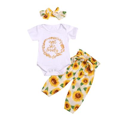 China 2022 little girl clothes boutique children soft children's clothing washable two-piece outfit for spring white print flower jumpsuit and pants for sale