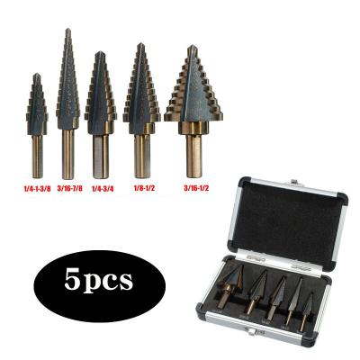 China 5PCS Inch Size Straight Flute High Speed ​​Steel Metal Drill Bits Black and Yellow Step Drill Bits Set with Aluminum Box for Metal Drilling for sale