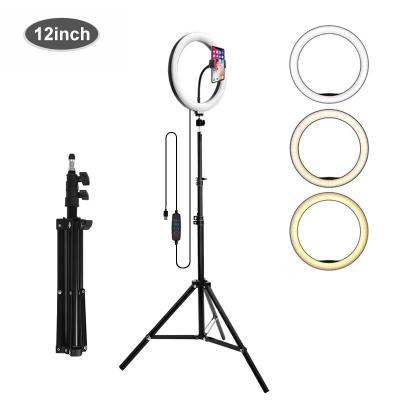 China Broadcast Live Youtube Facebook TikTok tiktok Live 12 Inch LED Selfie Ring Light 3 Color Fashion Photography Makeup Selfie 3000-6500K With 1.6m Cell Phone Holder for sale