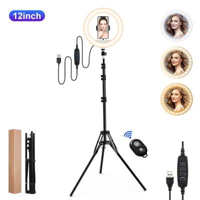 China 2021 Hot Selling Dimmable Dimmable Live Show Youtube Facebook TikTok Led Tripod Ring Light With Selfie Phone Clip 12 Inch and Professional 2m Tripod Current Ring Live Light for sale