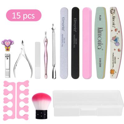 China Easy-Used Wholesale 15 Pieces Nail Art Set Tools With Plastic Box Professional Beauty Manicure Nail Buffer Folder Tool Kit for sale