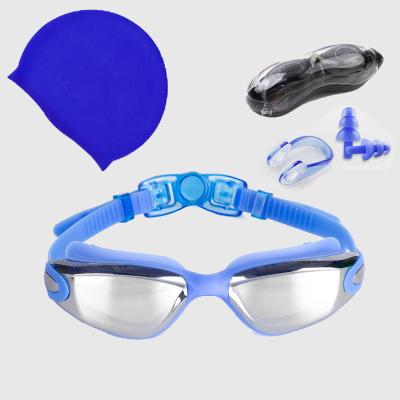 China Anti Fog UV Protection Waterproof Water Sports Swimming Goggles Adjustable Strap Goggles Sniff Clip Earplug Silicone Swim Cap Set for sale