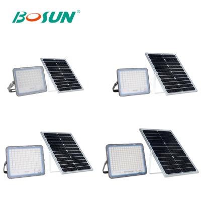 China With mono solar panel in high work efficiency > 21% BOSUN Brightness IP65 dimmable smd 40 60 100 200 300 watt high led solar floodlight for sale