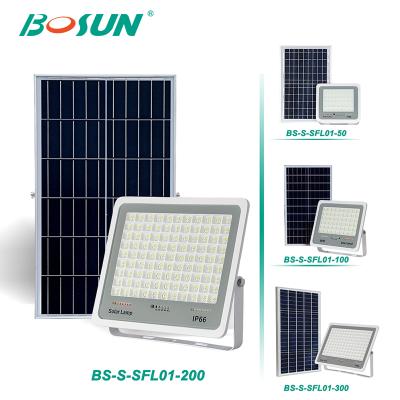 China With mono solar panel in high work efficiency > BOSUN ip65 Smd 60w 21% 150w Flood Light Outdoor Waterproof Aluminum Remote Control Solar Powered Led Flood Light for sale