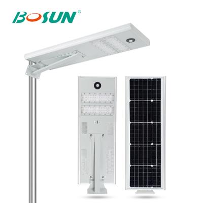 China With mono solar panel in high work efficiency > BOSUN 21% high power outdoor motion sensor ip65 waterproof 40w 50w all in one solar led street light for sale