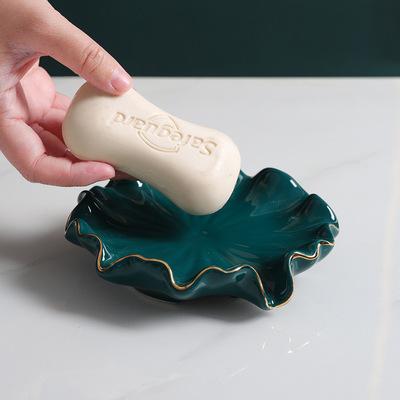 China Bathroom New Traditional Lotus Leaf Shape With Drip Tray To Keep Dry Dark Green Ceramic Soap Tray Soap Holder for sale