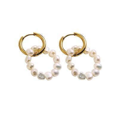 China Hot Sale Fashion Woman Statement Chunky Stainless Steel 18k Gold Plated Freshwater Pearl Circle Earrings for sale