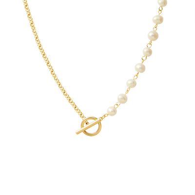 China Fashion Pearl Crub Link Chain Choker Necklace 18k Gold Plated Stainless Steel Chain Necklace for sale