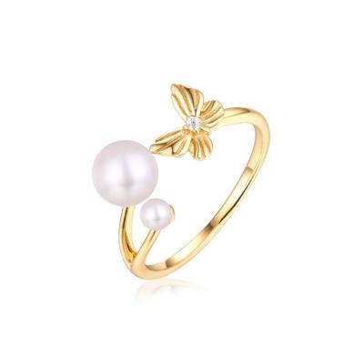 China Fashion S925 Hand Embellishment Pearl Ring Butterfly Silvery Freshwater Style Open Ring Women Accessories for sale