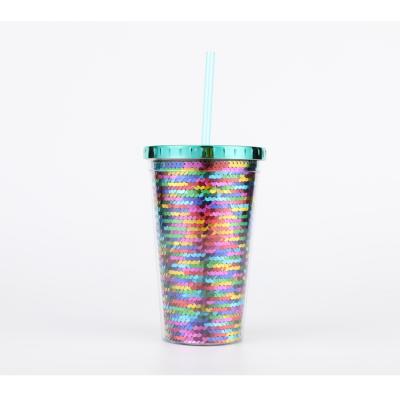 China Sustainable Double Wall Glitter Effects Water Tumbler Reusable Lid Logo Plastic Cup With Straw for sale