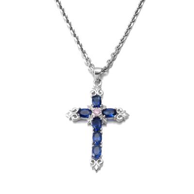 China Big Blue Zirconia Stone Fashion Women Jewelry Brass Blue Cross Necklace for sale