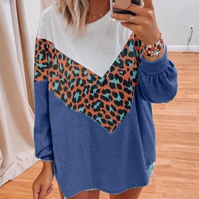 China Others 2021 Free Shipping Other Wholesale Q48 Autumn Women Leopard Long Sleeve Color Block Ladies Loose Leopard Waffle Knitted Top for sale