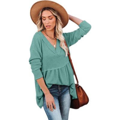 China Others T572 free shipping other fashion waffle folds women's long sleeve v-neck shirts stitching loose solid blouse girl shirt summer for sale