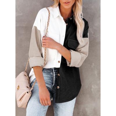 China Free Other Other Q185 Long Sleeve Blouse Women Summer Fashion Collared Multicolor Stitching Turn-Down Pockets Casual Shirts For Wome for sale