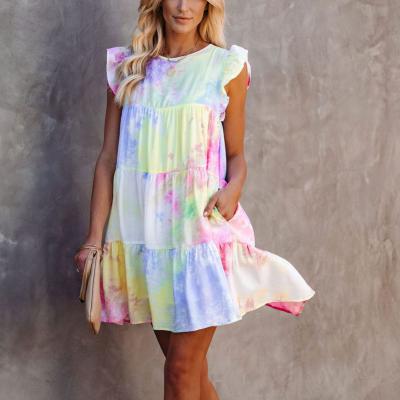 China Other Free Shipping Other Tie Dye Sleeveless Dress T479 Full Ladies Women Loose Mini Dresses Women Summer Dressy Casual Fashion Ruffled for sale