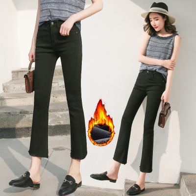 China Sustainable high waist plus velor micro flared pants 2021 autumn winter nine point pants new women slim padded stretch jeans Korean for sale