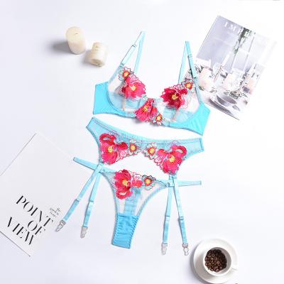 China Polyester 100% New 2021 Summer Fashion Lace Flower Embroidery Element With Steel Ring Gathered Underwear 3 Piece Set for sale