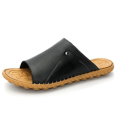 China Fashion Trend Pool Slipper for Men Genuine Leather Open Toe Shoes Slip Resistant Solid Color Flat Rivet for sale