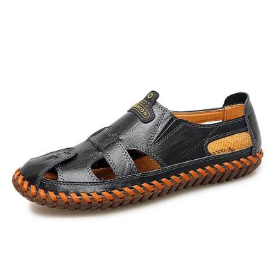 China Flat Cut Genuine Leather Slip On Double Closed Toe Flat Outdoor Sandals With Elastic Band For Men for sale