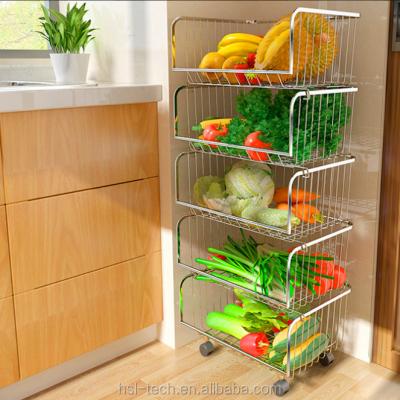 China 304 Stainless Steel Multi-Layer Movable Storage Basket Multifunctional Floor Fruit And Vegetable Kitchen Storage Basket for sale