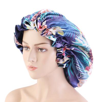 China Amazon Wholesale Hot Selling Double Layer Satin Hood High Quality Hot Quality Satin Flower Printed Designers Hoods Nightcap Hair Wraps for sale