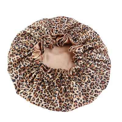 China Hot Selling Double Layer Satin Hood Amazon Band Soft Elastic Wide Satin Hoods Sleep Hat For Women Night Sleep Hair Care Leopard Print Hat for sale