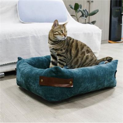 China Premium Eco-Friendly Washable Removable Detachable Chunky Rectangle Luxury Velvet Small Dog Bed Breathable Medium With Anti-Slip Bottom for sale