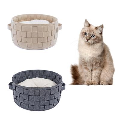 China Round Nest Felt Woven Warm Cat Bed With Plump Pillow Four Seasons Breathable Universal Home Basket Pet Sleeping Nest for sale