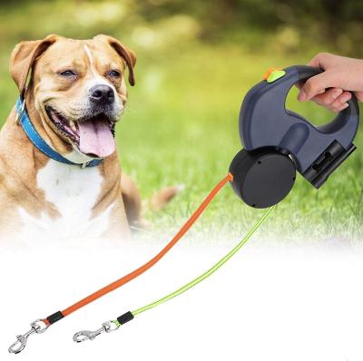 China Non-Tangle Stocked Dual Reflective Nylon Automatic Retractable Dog Rope Leash With LED Light And Double Headed Poop Bag Holder for sale