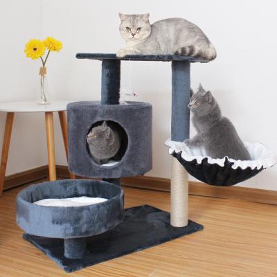 China Stocked Multiple Colors Available Abrasion Resistance Thick Solid Wood Cat Pet Play House With Scratches Cat Tree for sale