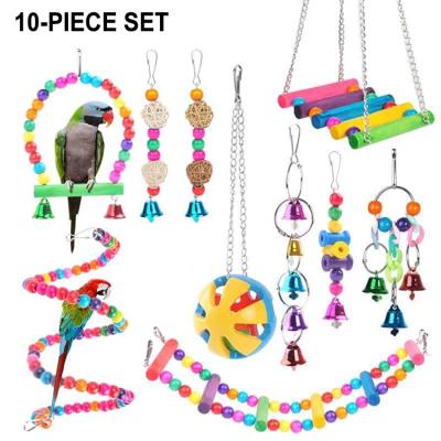 China Viable Non-Toxic Wooden Swing Toy Accessories Rope Perch Bird Set for Parrots with Wooden Beads Bells Hang Toys Bridge for sale