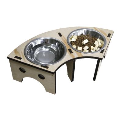 China Living Height Adjustable Round Plywood Stainless Steel Pet Bowl With Two Or Three Bowls And Wooden Raised Rack for sale