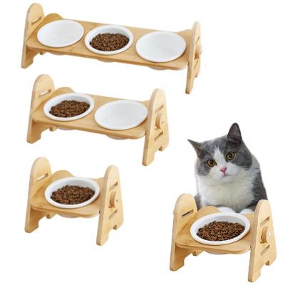 China Sustainable Adjustable High Sloped Feeding Rack Durable Non-Slip Bamboo Ceramic Pet Bowl For Small Pet Cats And Dogs for sale