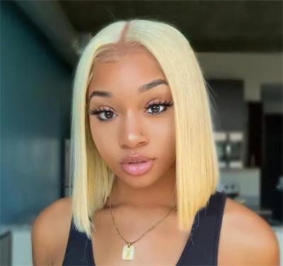 China Hot Lace Front Wig Natural Virgin Hair Bob Wave Human Hair Wig Short Body Wave Silky Straight 613 Honey Blond Wig Hand Made for sale