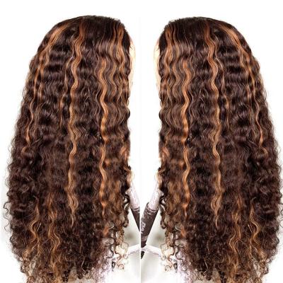 China Ombre Wig Lace Front Human Hair Wig Ombre Brown To Blonde Highlights Deep Curly Lace Front Wigs For Women Pre Plucked Hairline Vigin Human for sale