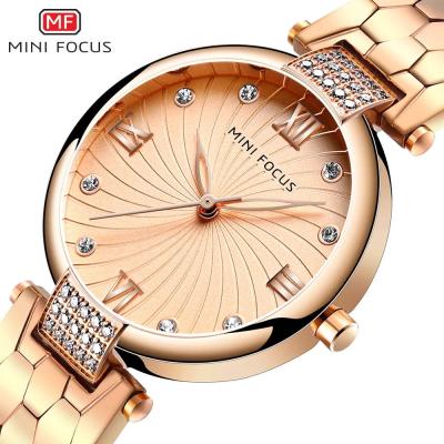 China Water Resistant Mini Focus MF0186L Ladies Diamond Quartz Watches Roman Dial Luxury Steel Set for sale