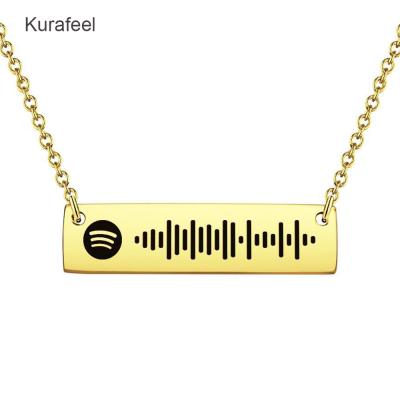 China Custom New Arrival Custom Music Spotify Scan Code Necklace Stainless Steel / Music Text Bars Necklace 18K Gold Plated for sale