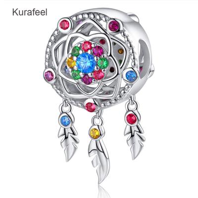 China Silver DIY METAL Jewelry Accessories Customized Dreamy Colorful Tassel Feather Zircon Catcher Pendant Beads for sale